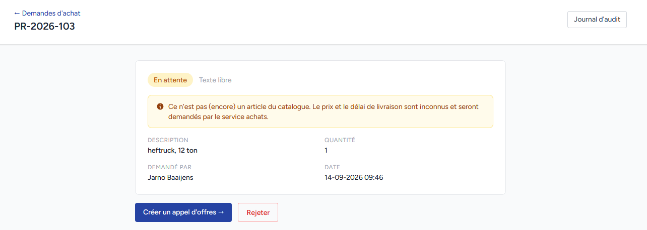 Examen d'une demande d'achat — tarifs du logiciel d'achat Sourcingflow