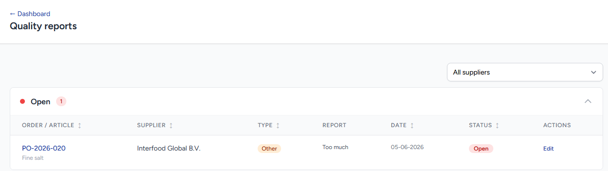 Quality reports overview in Sourcingflow purchasing software