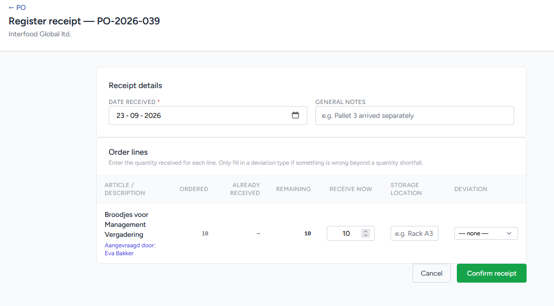 Registering a receipt line by line — SourcingFlow purchasing software pricing