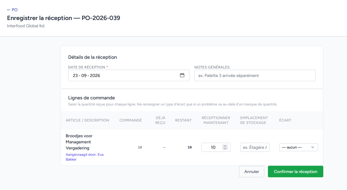 Enregistrement de la réception ligne par ligne — tarifs du logiciel d'achat Sourcingflow
