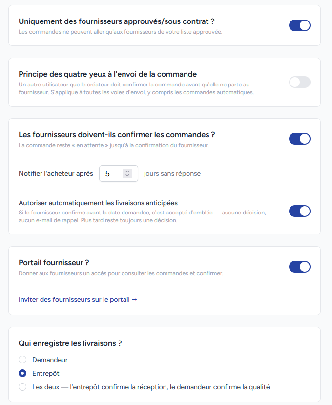Paramètres de la politique d'achat — fonctionnalités du logiciel d'achat Sourcingflow