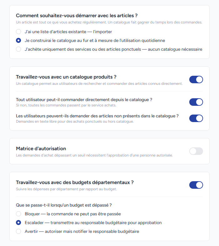 Onboarding : catalogue, validation et budgets