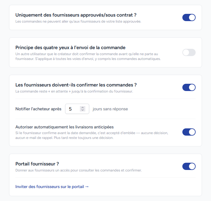 Onboarding : portail fournisseurs et confirmation de commande