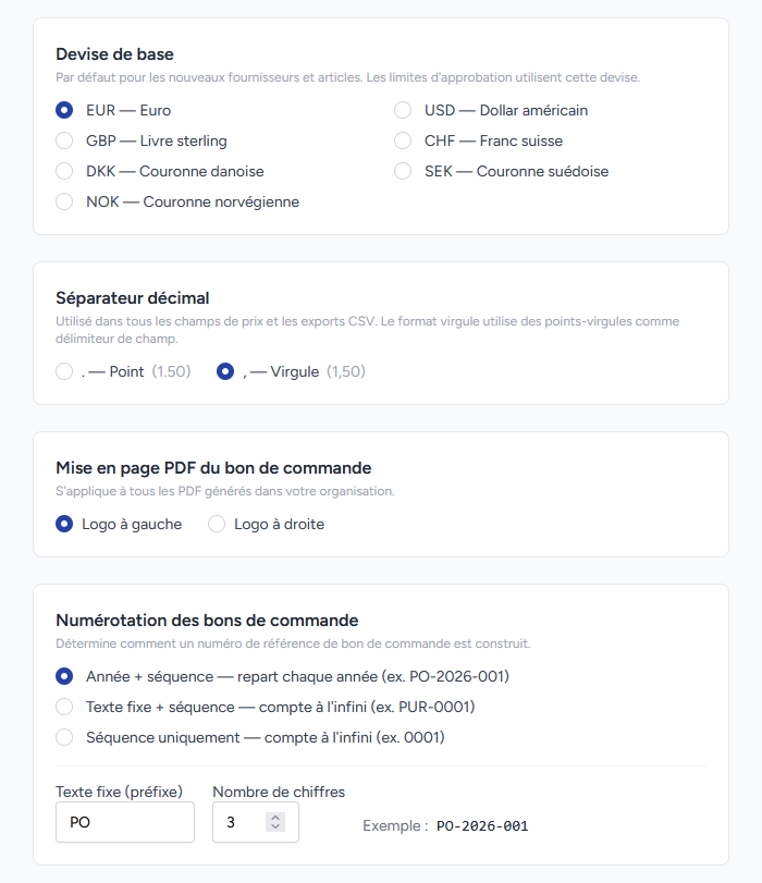 Onboarding : devise et numérotation